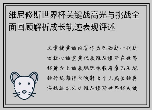 维尼修斯世界杯关键战高光与挑战全面回顾解析成长轨迹表现评述